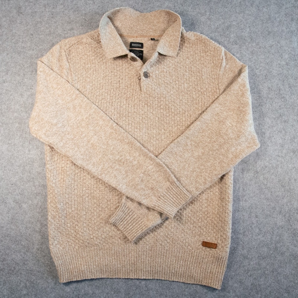 Buffalo David Bitton Men's Large Henley Sweater Waffle Knit Beige L